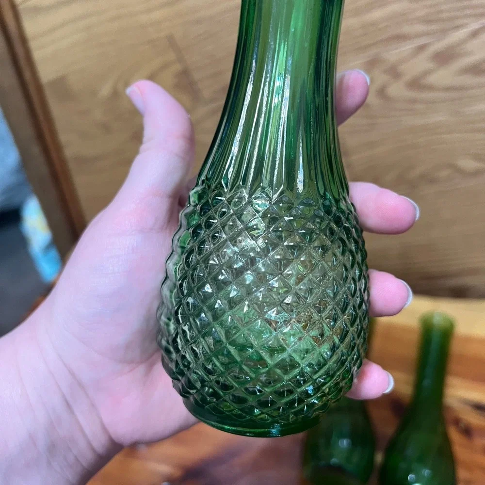 Vintage Green Glass Bud Vase Lot 4 Swirl Optic Bottle Vases CottageCore‎ Decor